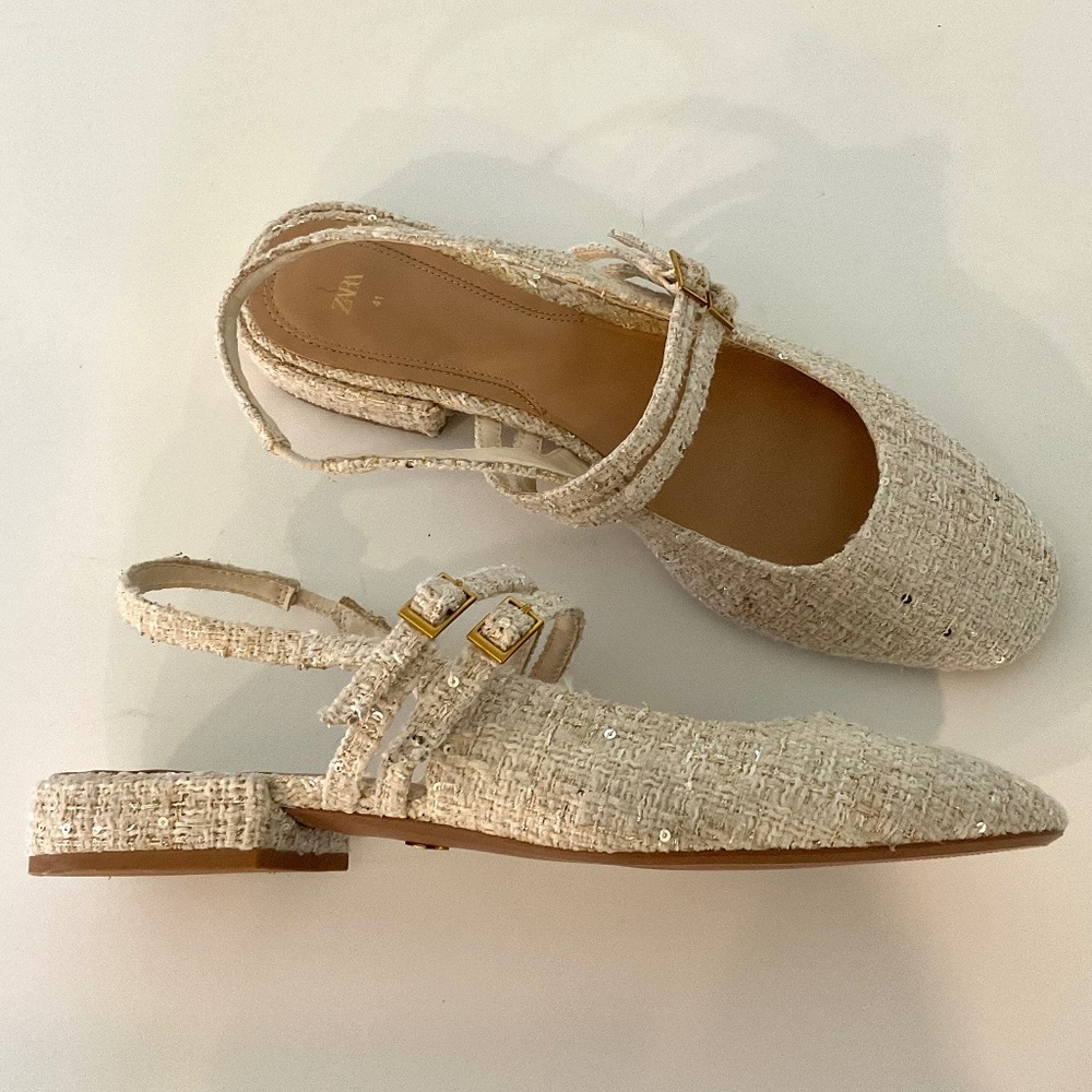 ZARA Tweeded Double Buckle Slingback Sequins Cream Flats Size EU 41